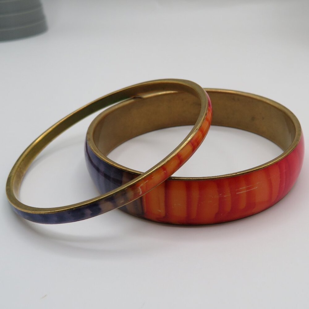 Vintage Rainbow Design Brass Bangle Bracelets Set of 2